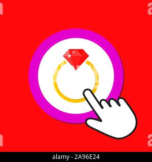Golden ring with ruby icon. Expensive gift concept. Hand Mouse Cursor Clicks the Button. Pointer Push Press Stock Vector
