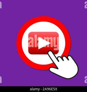 Play button icon. Playing video concept. Hand Mouse Cursor Clicks the Button. Pointer Push Press Stock Vector