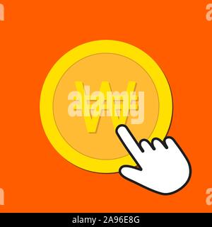 Korean won currency icon. Exchange, buying currency concept. Hand Mouse Cursor Clicks the Button. Pointer Push Press Stock Vector