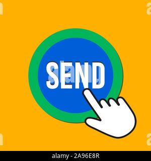 Send icon. Communicate, transfer concept. Hand Mouse Cursor Clicks the Button. Pointer Push Press Stock Vector