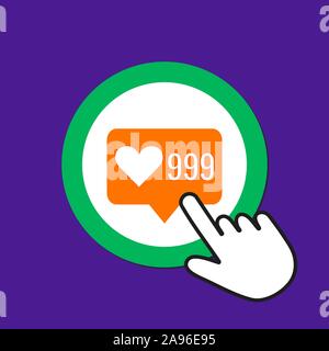 999 hearts icon. Like, sympathy concept. Hand Mouse Cursor Clicks the Button. Pointer Push Press Stock Vector