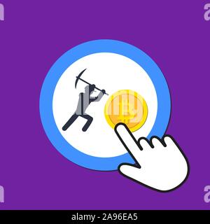 Miner and bitcoin icon. Mining cryptocurrency concept. Hand Mouse Cursor Clicks the Button. Pointer Push Press Stock Vector