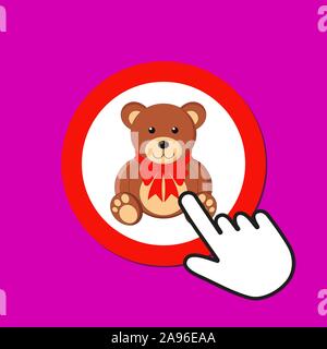 Teddy bear with red bow icon. Cute gift concept. Hand Mouse Cursor Clicks the Button. Pointer Push Press Stock Vector