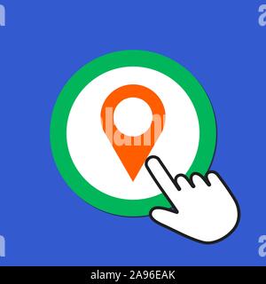 Map pointer icon. Location, destination concept. Hand Mouse Cursor Clicks the Button. Pointer Push Press Stock Vector