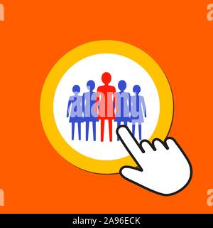 Female figures icon. Woman Team, leadership concept. Hand Mouse Cursor Clicks the Button. Pointer Push Press Stock Vector