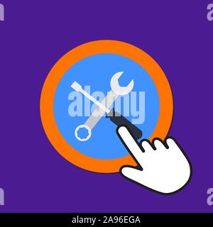 Wrench with screwdriver icon. Repair concept. Hand Mouse Cursor Clicks the Button. Pointer Push Press Stock Vector