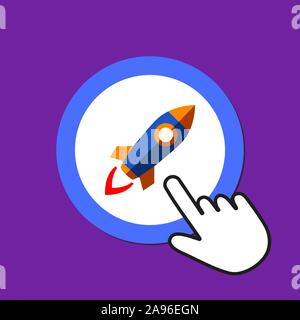 Space rocket icon. Launching, startup concept. Hand Mouse Cursor Clicks the Button. Pointer Push Press Stock Vector