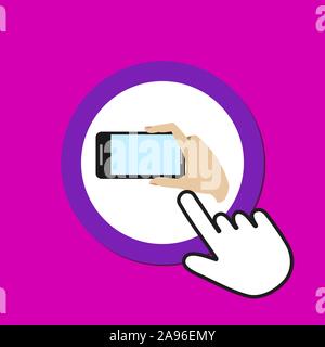 Hand holding smartphone icon. Mobile phone photography concept. Hand Mouse Cursor Clicks the Button. Pointer Push Press Stock Vector
