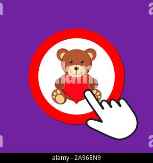 Teddy bear with heart icon. Love gift concept. Hand Mouse Cursor Clicks the Button. Pointer Push Press Stock Vector