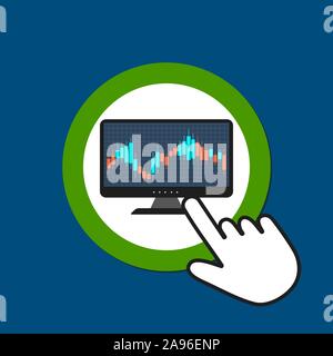Monitor with candlestick graph icon. Forex trading concept. Hand Mouse Cursor Clicks the Button. Pointer Push Press Stock Vector