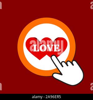 Two splitted hearts icon. Love concept. Hand Mouse Cursor Clicks the Button. Pointer Push Press Stock Vector