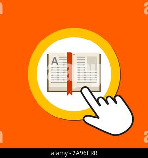 Open book icon. Reading, library concept. Hand Mouse Cursor Clicks the Button. Pointer Push Press Stock Vector