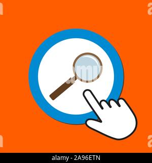 Magnifier icon. Search concept. Hand Mouse Cursor Clicks the Button. Pointer Push Press Stock Vector