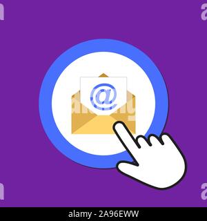 Open envelope icon. Sending email concept. Hand Mouse Cursor Clicks the Button. Pointer Push Press Stock Vector