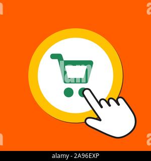 Shopping cart icon. Shopping, buying concept. Hand Mouse Cursor Clicks the Button. Pointer Push Press Stock Vector