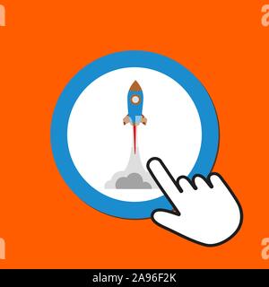 Space rocket icon. Launching, startup concept. Hand Mouse Cursor Clicks the Button. Pointer Push Press Stock Vector