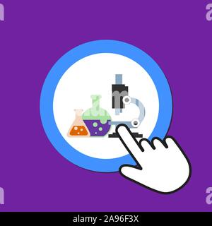 Microscope, chemistry icon. Lab, science concept. Hand Mouse Cursor Clicks the Button. Pointer Push Press Stock Vector