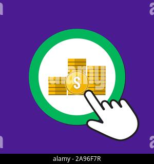 Coins icon. Money, bonus concept. Hand Mouse Cursor Clicks the Button. Pointer Push Press Stock Vector