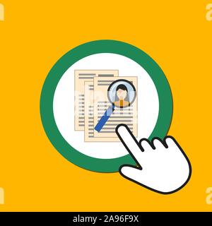 Resume with magnifying glass icon. HR management concept. Hand Mouse Cursor Clicks the Button. Pointer Push Press Stock Vector