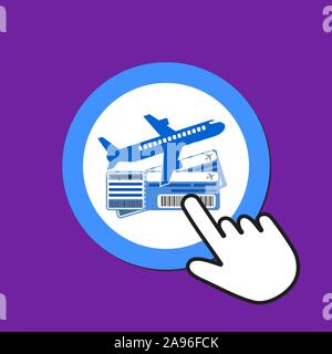 Airplane with tickets icon. Buying air tickets concept. Hand Mouse Cursor Clicks the Button. Pointer Push Press Stock Vector