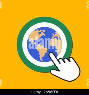 Earth icon. Global search, eco concept. Hand Mouse Cursor Clicks the Button. Pointer Push Press Stock Vector