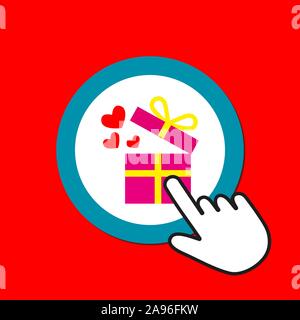 Gift box with flying hearts icon. Romantic gift concept. Hand Mouse Cursor Clicks the Button. Pointer Push Press Stock Vector