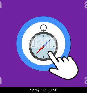 Campass icon. Navigation concept. Hand Mouse Cursor Clicks the Button. Pointer Push Press Stock Vector