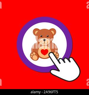 Teddy bear icon. Romantic gift concept. Hand Mouse Cursor Clicks the Button. Pointer Push Press Stock Vector