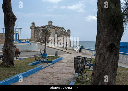 A small Spanish fort,' El Torreón de Cojímar' faces the sea on the beachhead of Cojímar, a sea/ fishing village, some 12 km east of Havana in Cuba. The Stock Photo