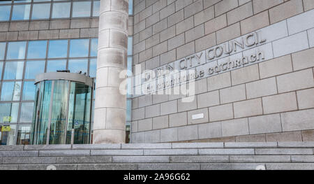 Dublin, Ireland - February 16, 2019: Architectural detail of the Dublin City Council building in the city center on a winter day Stock Photo