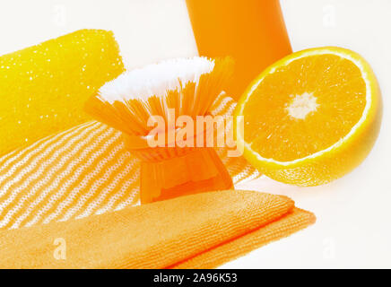 Cleaning products and orange fragrance on white background Stock Photo