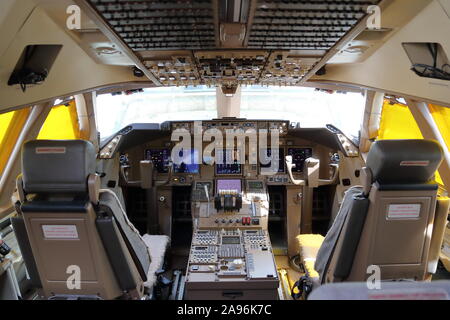 Interior of a Boeing 747 Jumbo cockpit at the Farnborough International Airshow 2018, Farnborough, UK Stock Photo