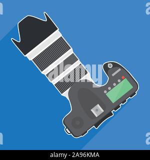 Professional dslr camera top view vector illustration in flat style with long shadow on blue background. Stock Vector