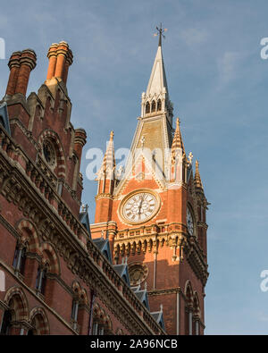 The clock tower of St Pancras Railway Station, London. Stock Photo