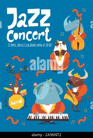 Jazz concert music poster design with cartoon animals playing music instruments Stock Vector