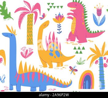 Seamless pattern with cute dinosaur characters for textile Stock Vector