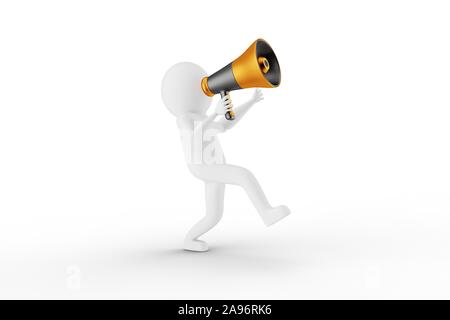 3D Man is shouting from a megaphone against white background. 3D rendering. Stock Photo