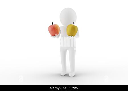 3D Man is holding two apples against white background. Easy to crop for your design needs. 3D rendering. Stock Photo