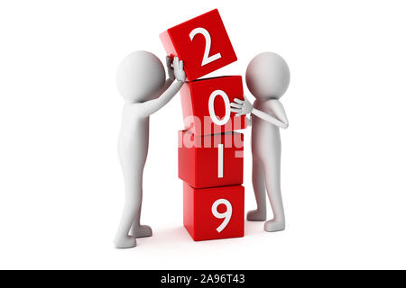 3D men are writing year 2019 with red playblocks Against White against white background. High quality 3D renders of several poses from 3D man in plain Stock Photo
