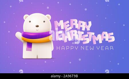 Little cute bear and Christmas, New Year greeting. Vector character illustration. Elements are layered separately in vector file. Stock Vector