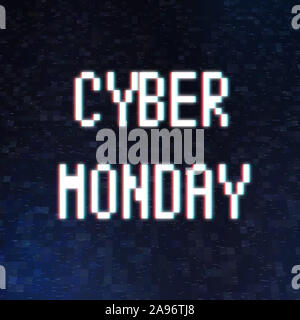 Cyber monday inscription in pixel style, great offer for online shopping notification over dark pixelated background Stock Photo
