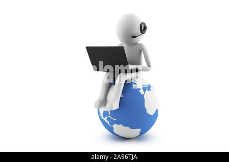 3D man is working with laptop while sitting On globe sgainst white background. High quality 3D renders of several poses from 3D man in plain white. 3D Stock Photo
