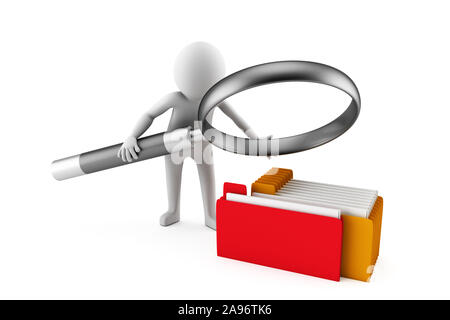 3D Man is checking file folder with a magnifiying glass on a white background. High quality 3D renders of several poses from 3D man in plain white. 3D Stock Photo