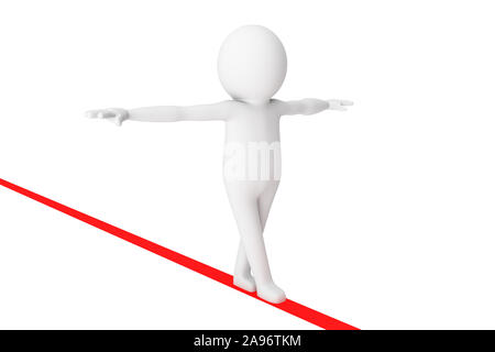 3D Man is trying to walk on a rope in balance against white background. High quality 3D renders of several poses from 3D man in plain white. 3D render Stock Photo