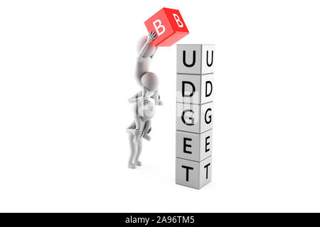 3D Men building and puting last letter of title BUDGET made from cube dices on a white background. High quality 3D renders of several poses from 3D ma Stock Photo