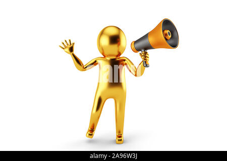 Golden 3D Man is shouting from a megaphone against white background. 3D rendering. Stock Photo