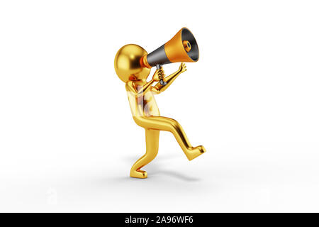 Golden 3D Man is shouting from a megaphone against white background. 3D rendering. Stock Photo