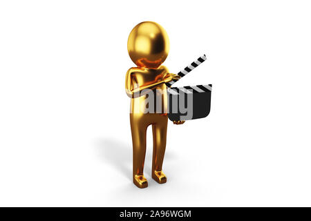 3D Golden Man is holding clapperboard against white background. 3D rendering. Stock Photo