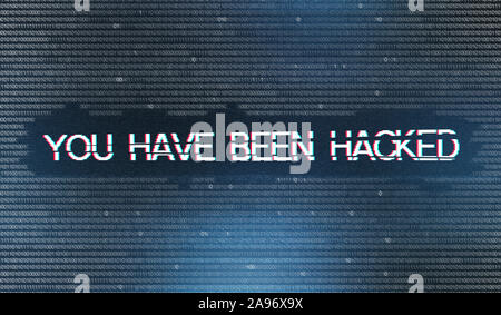 Hacker attack warning. You have been hacked inscription over binary code digits background, panorama Stock Photo