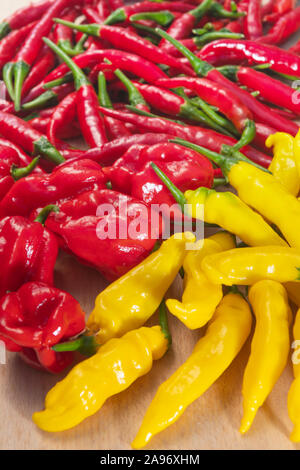 Closeup of lemon drop, habanero and thai peppers on light wooden surface, viewed from above Stock Photo
